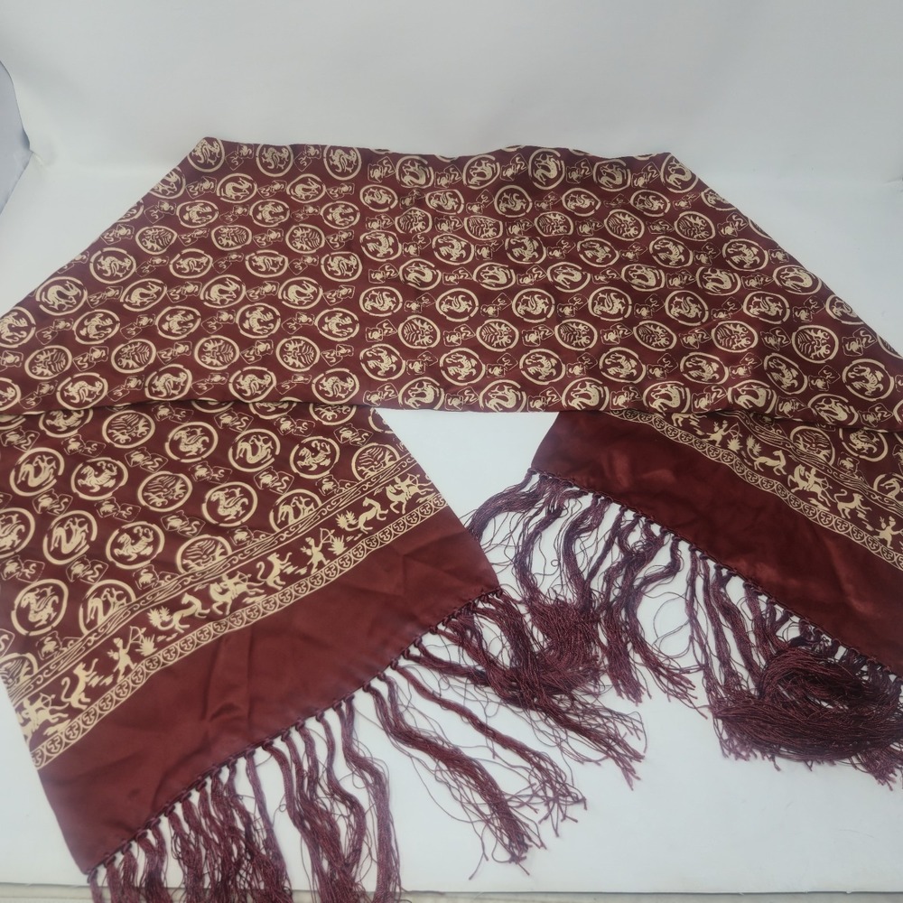 Vintage 100% Silk Scarf Burgundy Gold Dragon Medallions Tassel Fringe 48"x10"